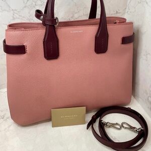 BURBERRY Banner House Nova Check Pink Maroon Calfskin Leather Tote Bag